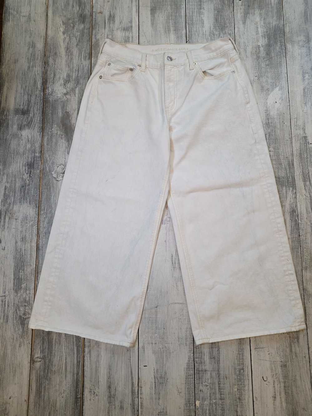 American Eagle Women's 90s White Wide-Leg Cropped Jeans W Blue Rippling sz 8S